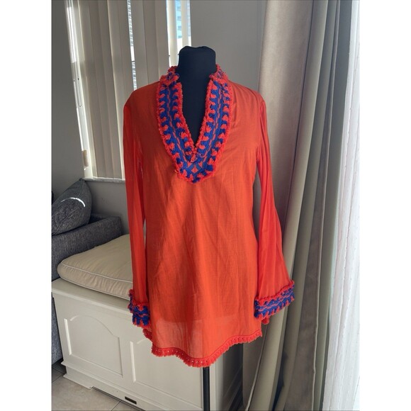 Tory Burch Tops - Tory Burch Samba  Cotton Blue Embroidery Fringe Trim V Neck Slit Tunic Sz. 6
